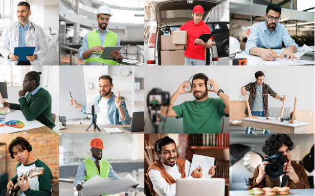 Mosaico de fotos com profissionais de diferentes áreas, incluindo médico, operário, entregador, contador, músico e fotógrafo, representando ocupações diversas do mercado de trabalho