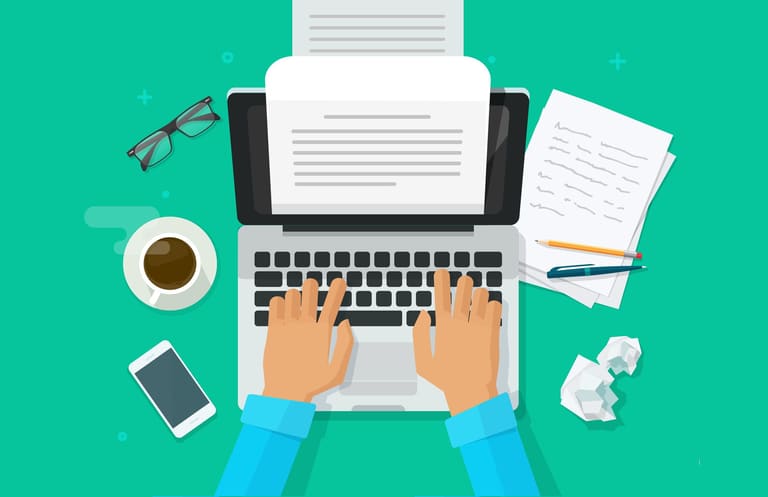 Writer writing on computer paper sheet vector illustration, flat cartoon person editor write electronic book text top view, laptop with writing letter or journal, journalist author working clipart Writer writing on computer paper sheet vector illustration, flat cartoon person editor write electronic book text top view, laptop with writing letter or journal, journalist author working clipart