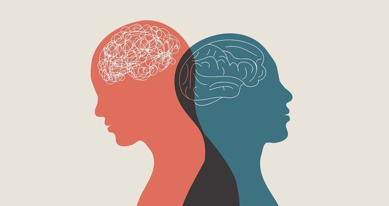 Metaphor bipolar disorder mind mental. Double face. Split personality. Concept mood disorder. 2 Head silhouette.Psychology. Mental health. Dual personality concept. Tangle and untangle Profissionais de psicologia podem atuar em várias áreas. Imagem: Getty Images/iStockphoto