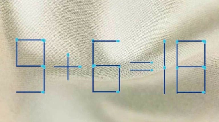 Imagem de um desafio de raciocínio lógico com fósforos formando a equação 9 + 6 = 18, que precisa ser corrigida removendo três fósforos.