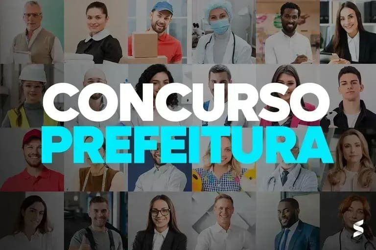 Inscrições abertas para o concurso da Prefeitura. Diversos profissionais de diferentes áreas com destaque para o texto "CONCURSO PREFEITURA".