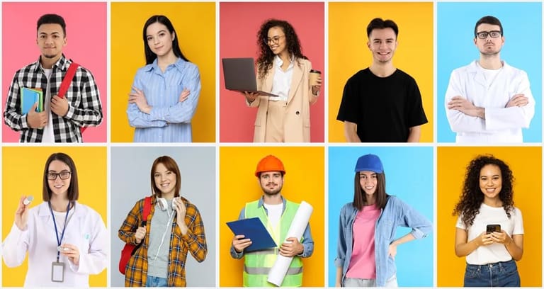 Profissões do futuro: as carreiras mais promissoras nos próximos anos Jovens profissionais representando diversas carreiras promissoras do futuro.