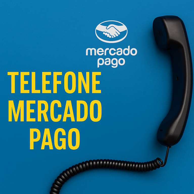 Imagem mostrando o telefone do Mercado Pago com o logo da empresa ao lado, em um fundo azul contrastante.