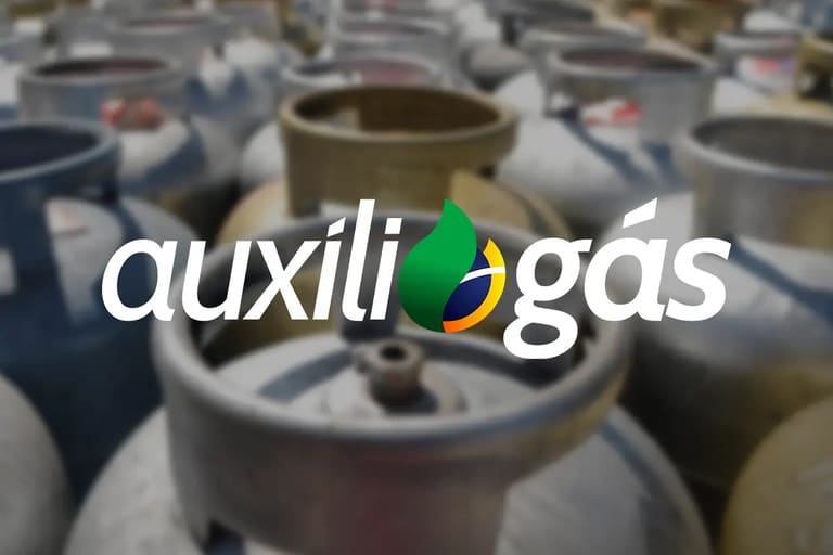"Imagem ilustrativa de botijões de gás com o logo do programa Auxílio Gás"