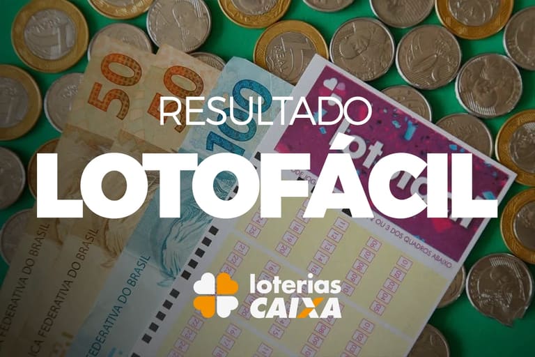 Resultado atualizado do sorteio da Lotofácil, com bilhete e dinheiro ao fundo