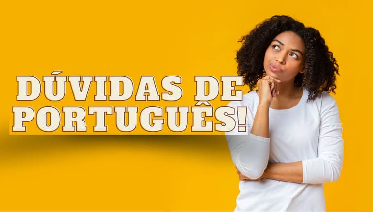 Mulher pensativa com o título 'Dúvidas de Português' ao fundo