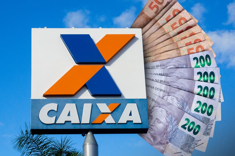 Logo da CAIXA Econômica Federal com notas de R$50 e R$200, representando o empréstimo liberado para negativados.