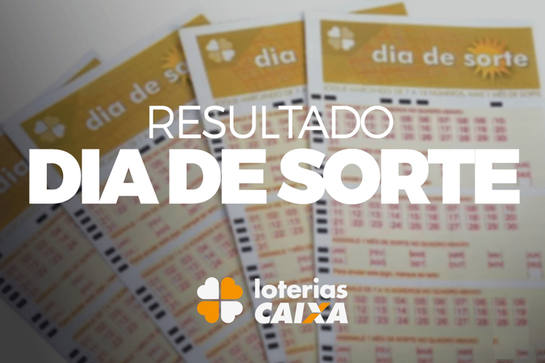 Bilhetes da loteria Dia de Sorte com destaque para os resultados e marca da Caixa