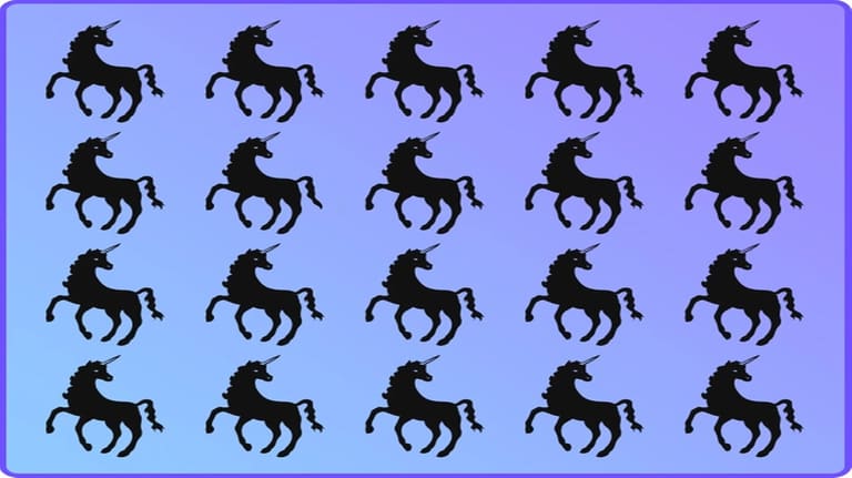 Desafio visual vários unicórnios pretos sobre fundo azul e um detalhe diferente em um deles