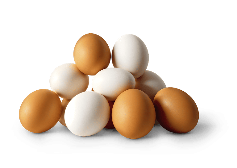 Ovos Vermelhos Brancos Comparação Nutricional Completa Pirâmide de ovos brancos e marrons misturados sobre fundo branco minimalista