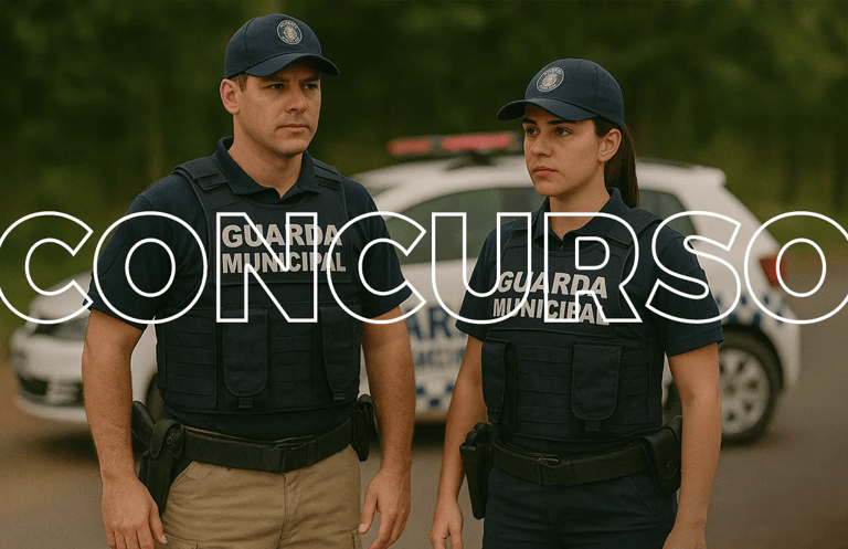Dois agentes da Guarda Municipal uniformizados em frente a viatura.