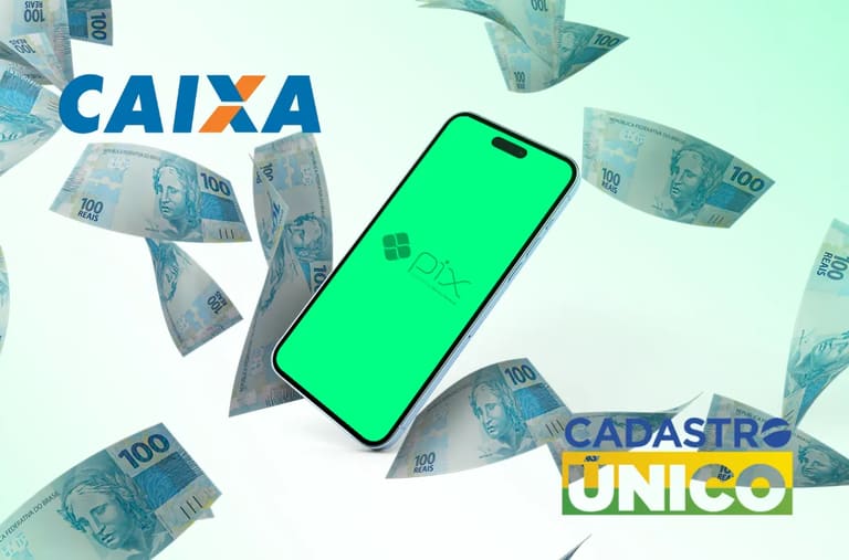 Anúncio da CAIXA com imagem de notas de R$ 100 e celular mostrando o app Pix, indicando que CPFs ativos no Cadastro Único vão receber valores de R$ 708, R$ 858 e R$ 908 em 20 de agosto de 2025.