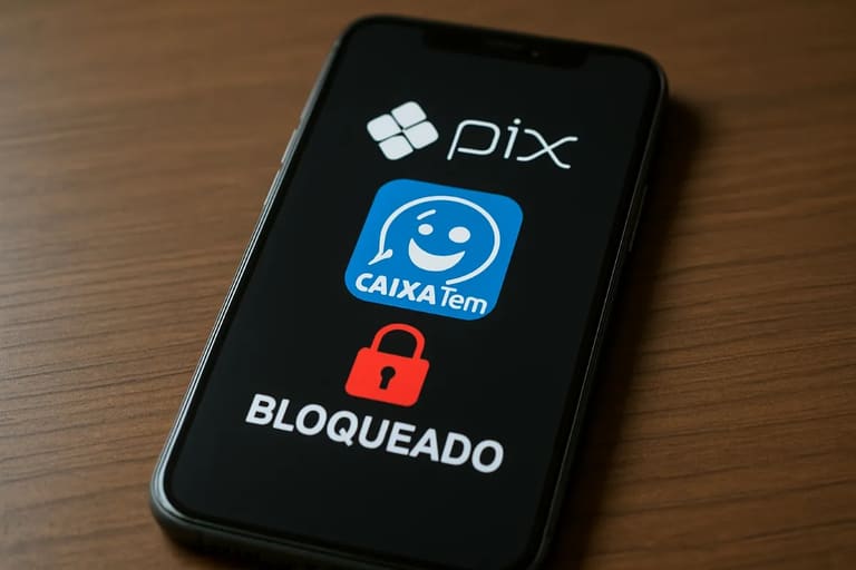 Caixa Tem bloqueio Pix – R$ 600 em risco Imagem mostrando o aplicativo Caixa Tem com um aviso de bloqueio de Pix, indicando que o dinheiro pode ser perdido se regras não forem seguidas.