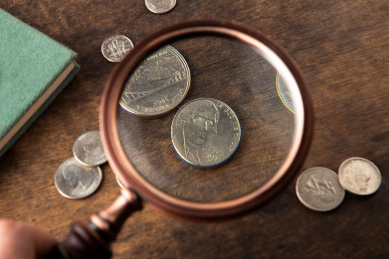 Numismática: A Lupa Contra a Falsificação Uma lupa em close-up focada em moedas americanas, como um níquel com o perfil de Thomas Jefferson, sobre uma mesa de madeira.