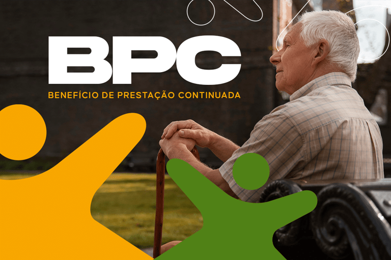 Idoso branco sentado com bengala no parque ao lado do texto BPC Benefício de Prestação Continuada