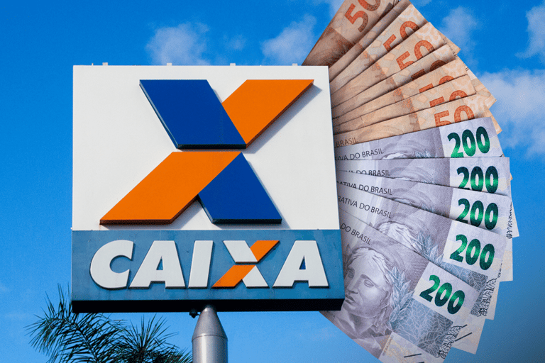 Logo da Caixa Econômica Federal com cédulas de real ao fundo, ilustrando pagamento de R$ 2.268 para beneficiários