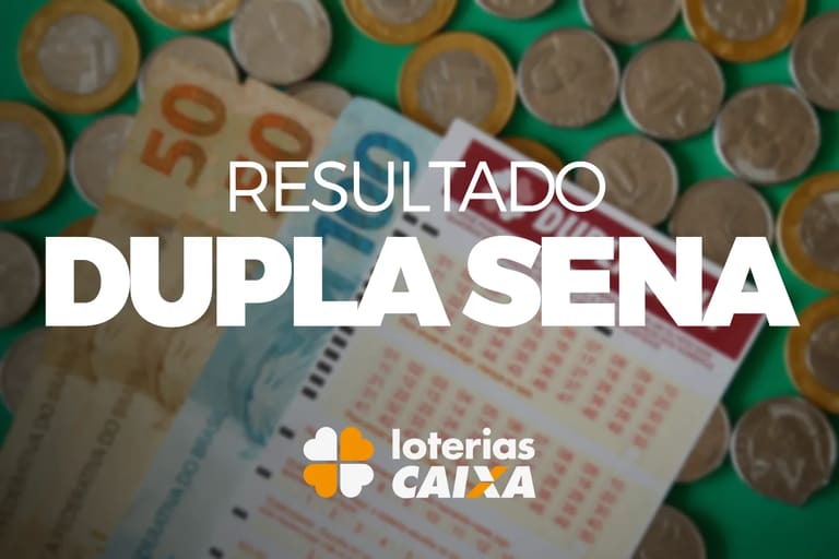 Bilhete da Dupla Sena sobre cédulas e moedas brasileiras destacando o resultado da loteria