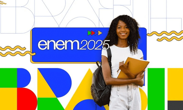 Alimentos que melhoram concentração para o Enem 2025 Estudante sorridente com mochila segurando caderno com logo Enem 2025 e palavra Brasil colorida ao fundo