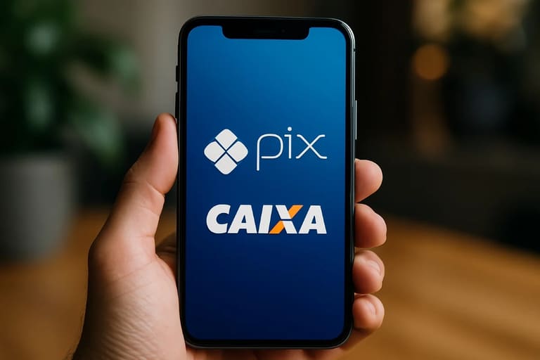 Tela de celular mostrando logotipos do PIX e CAIXA com destaque para transações financeiras.