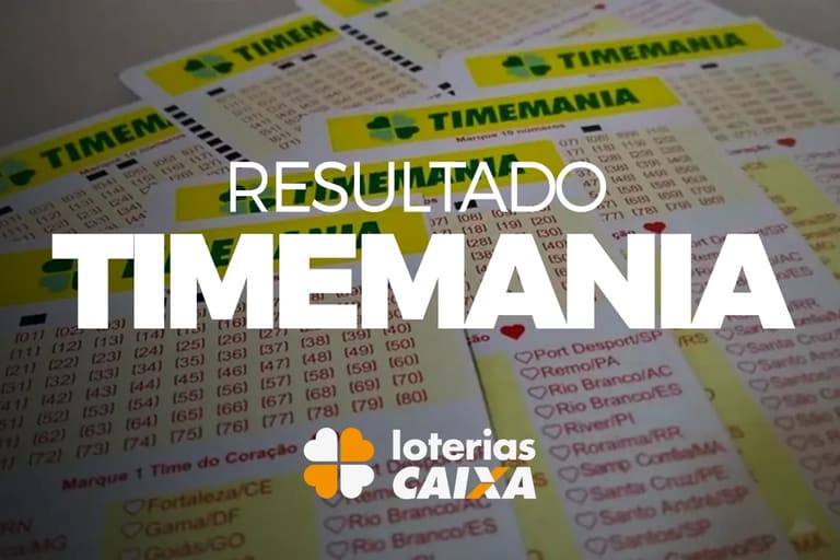 Bilhetes da Timemania com destaque para o resultado do concurso e logo das Loterias Caixa