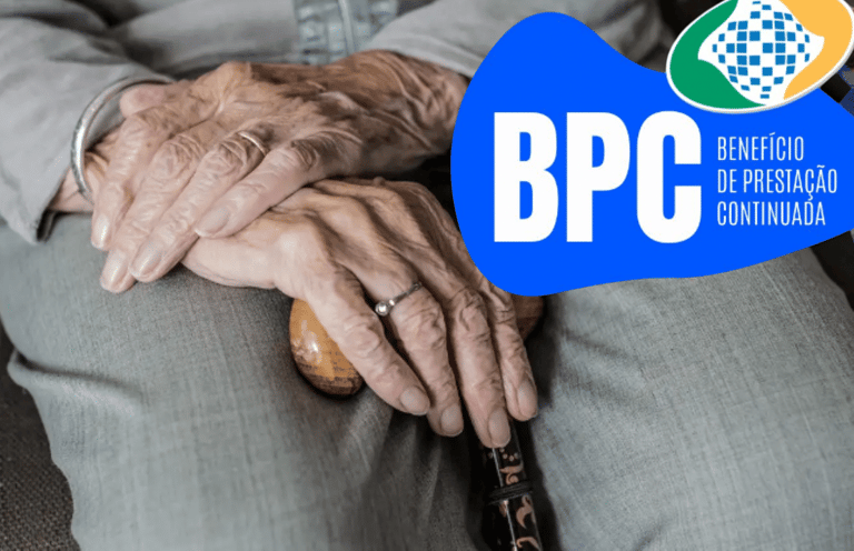 Beneficiários idosos do BPC/LOAS com as mãos entrelaçadas segurando uma bengala, com texto "BPC Benefício de Prestação Continuada".