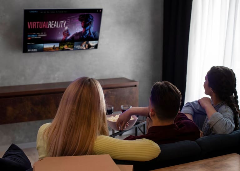 Jovens assistindo a filmes em um serviço de streaming, usando entretenimento como fonte de estudo para o Enem.
