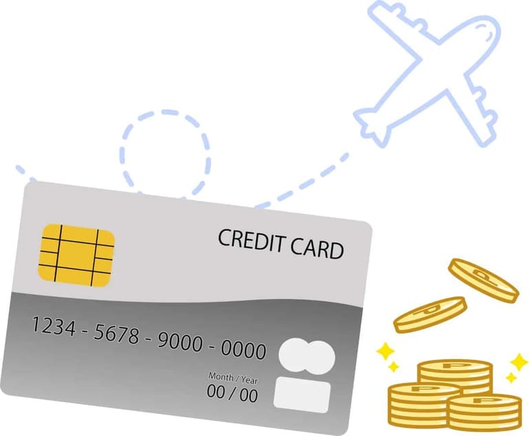 Transformando Pontos em Milhas para Viajar Ilustração de um cartão de crédito, moedas e um avião, representando a conversão de pontos em milhas para viajar.