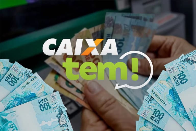 Imagem ilustrativa do aplicativo Caixa Tem, com notas de R$100 e uma pessoa realizando um saque no caixa eletrônico.