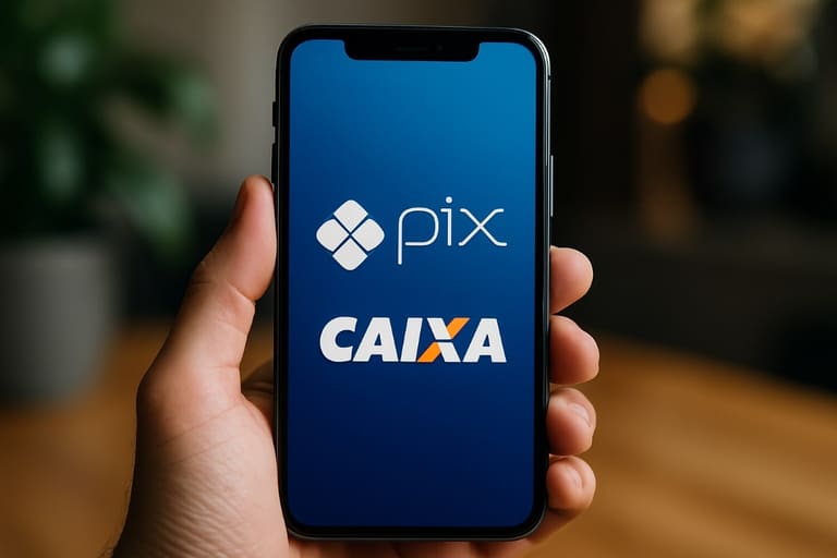 Imagem mostrando o logo do Pix e da Caixa Econômica Federal em um celular, com foco na oferta do Pix de R$ 858,00 nos dias 23 e 24 de outubro.
