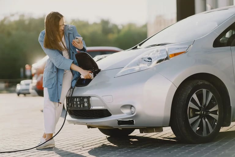 Mulher carregando um carro elétrico enquanto consulta o celular, em um ambiente ao ar livre, ilustrando o cotidiano de quem possui um veículo elétrico.