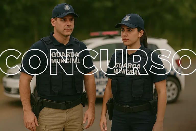 Dois guardas municipais uniformizados em pé com viatura policial ao fundo