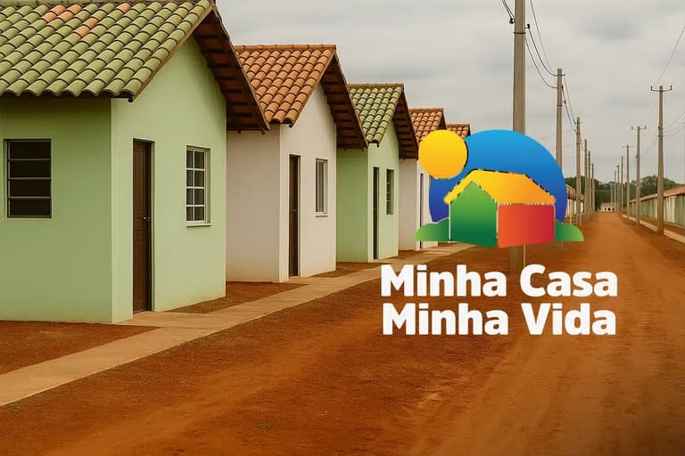Imagem do programa Minha Casa, Minha Vida com casas populares e o logo oficial do programa.