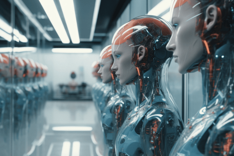 Série de robôs humanoides translúcidos com componentes eletrônicos internos expostos em ambiente tecnológico moderno.
