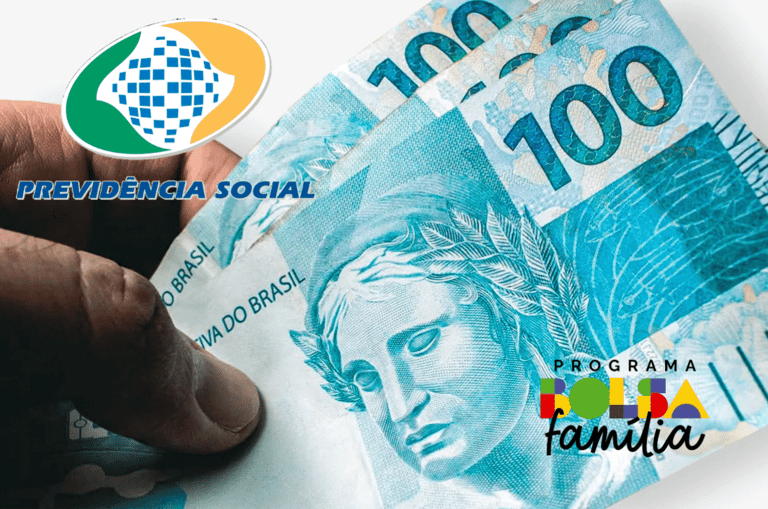 Benefícios do Bolsa Família e INSS 2026 Cédulas de R$100 com logotipos do Bolsa Família e Previdência Social, ilustrando benefícios sociais.