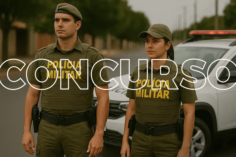 Dois policiais militares em uniforme verde na rua com viatura branca ao fundo.