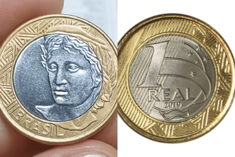Montagem lado a lado mostrando as duas faces de uma moeda de 1 real de 2019: à esquerda, a Efígie da República em destaque, e à direita, o valor nominal de 1 Real com o ano de emissão.