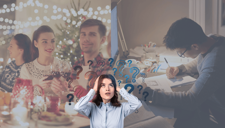 Mulher jovem com expressões confusas entre festa natalina e jovem estudando no ambiente de casa.
