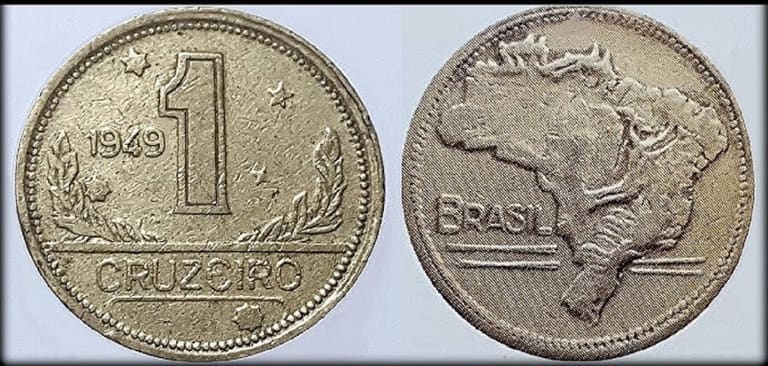 Frente e verso de uma moeda de 1 Cruzeiro de 1949, destacando o mapa do Brasil e o valor de face.