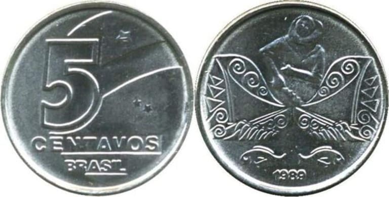 Frente e verso da moeda de 5 centavos de 1989 em aço inox, mostrando o valor de face e a figura do pescador puxando a rede.