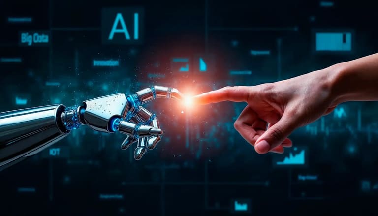 Ilustração de mão humana tocando dedo robótico simbolizando como a inteligência artificial vai transformar profissões até 2026.