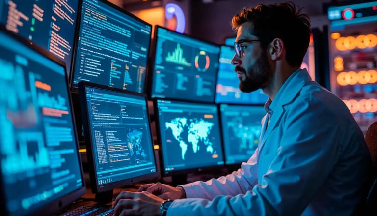 Profissional de segurança cibernética monitorando múltiplas telas com gráficos e mapas em um ambiente de alta tecnologia.