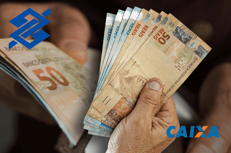 cédulas de 50 reais e logotipos da Caixa e Banco do Brasil, relacionados ao pagamento de R$ 1.621 via PIX.