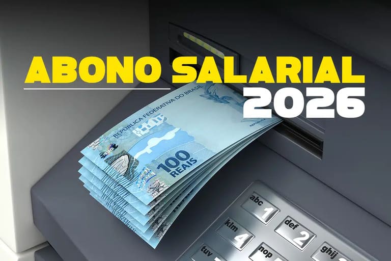 Notas de R$ 100 sendo retiradas de caixa eletrônico com a informação sobre o Abono Salarial 2026, valores chegando a R$ 1.621,00.