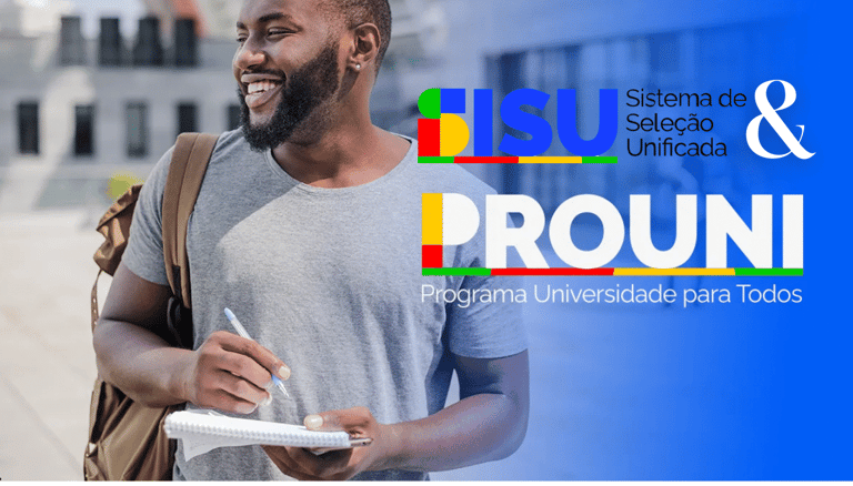 Jovem sorridente com mochila e caderno, ao lado dos logos do SISU e PROUNI 2026.