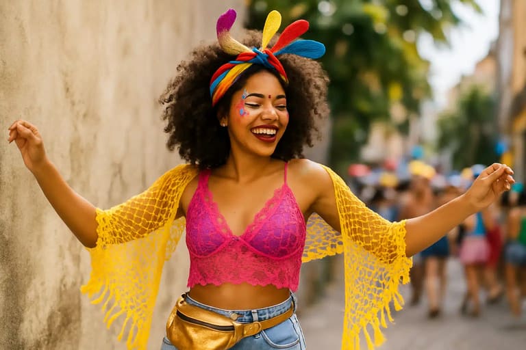 Jovem curtindo o carnaval de rua com fantasia colorida.