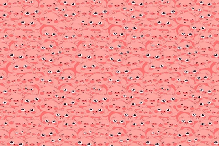 Desafio visual com um padrão repetido de rostos de porquinhos cor-de-rosa sorrindo