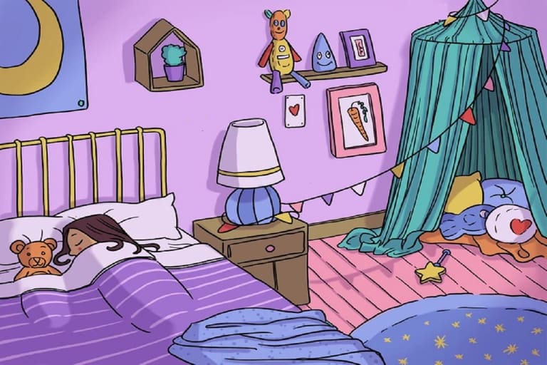 Desafio visual com uma criança dormindo em cama com urso de pelúcia em quarto decorado com itens coloridos