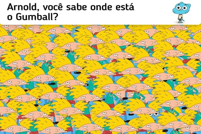 Desafio visual com vários personagens Arnold e Gumball escondido entre eles.