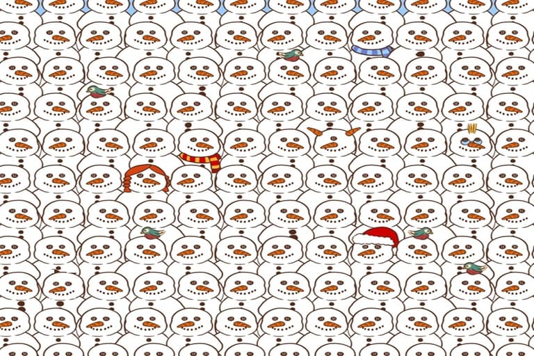 Imagem com vários bonecos de neve e um urso panda escondido entre eles, proposta de desafio visual.