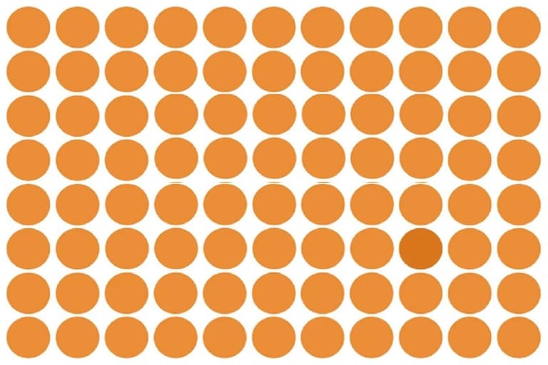 Desafio visual com círculos laranja alinhados em fileiras com variações de tons criando padrão geométrico